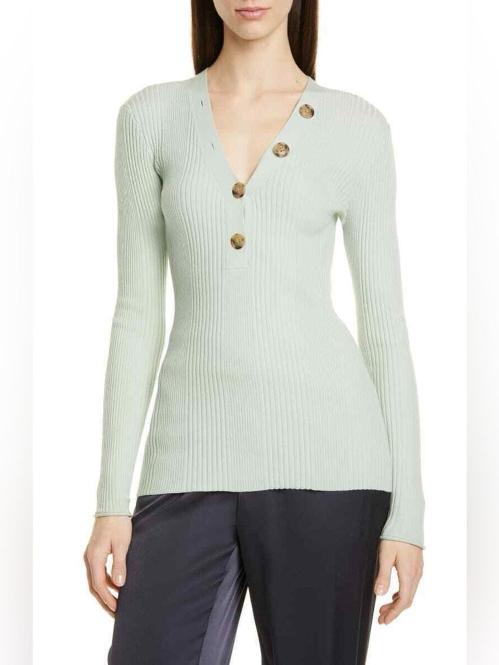 Jason Wu Ribbed Wool Blend Henley Sweater Mint Green V Neck Button Top Size XS